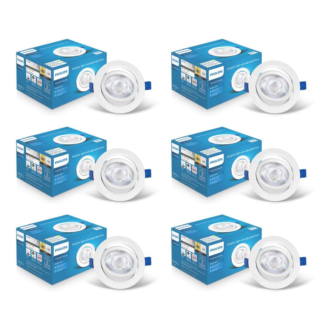 - Philips polycarbonate 12 Watt White LED Ceiling COB Round Spot Light with Adjustable Tilt|Cut out: 107mm|Warm White, Pack of 6 (Bright Spot)