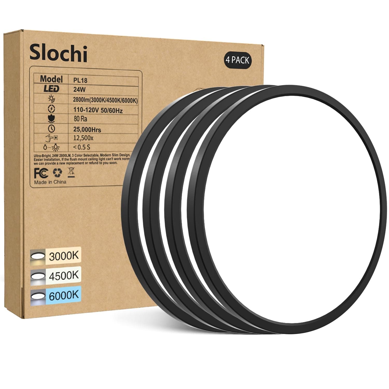 4PACK LED Flush Mount Ceiling Light Fixture Black, 9Inch 24Watt, 5000K Daylight Light, Ultra Slim Flush Mount Ceiling Lamp for Living Room, Dining Room, Hallway,NOT-DIMMABLE