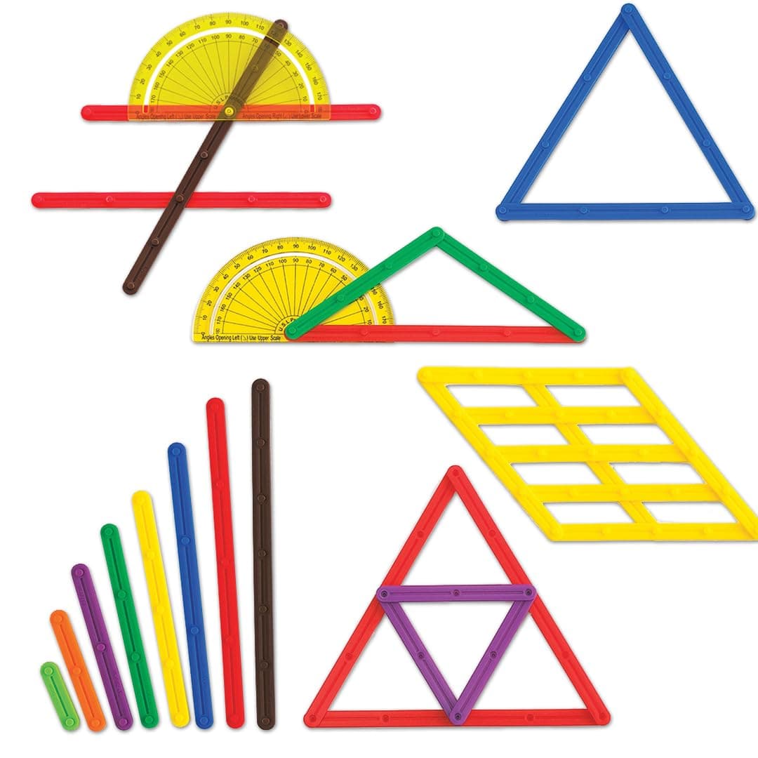 LEARNING ADVANTAGE GeoStix Basic Set - 80 Construction Sticks - 24 Activity Cards - 2 Protractors - Build 2D Shapes and Measure Angles - Teach Geometry with Construction