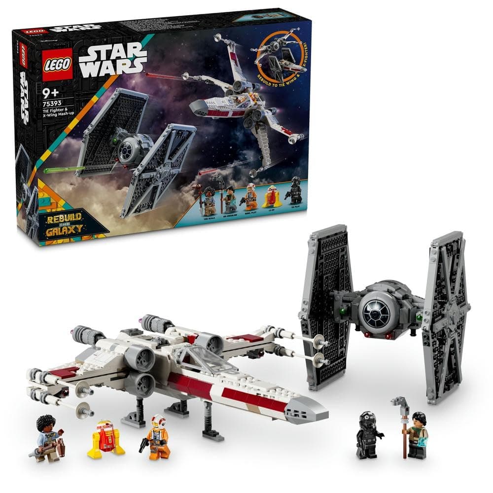 Star Wars TIE Fighter & X-Wing Mash-up Set, Starfighter Building Toy for 9 Plus Year Old Kids, Vehicles with 4 Minifigures and a Droid Figure, Creative Gift for Boys, Girls and Fans 75393