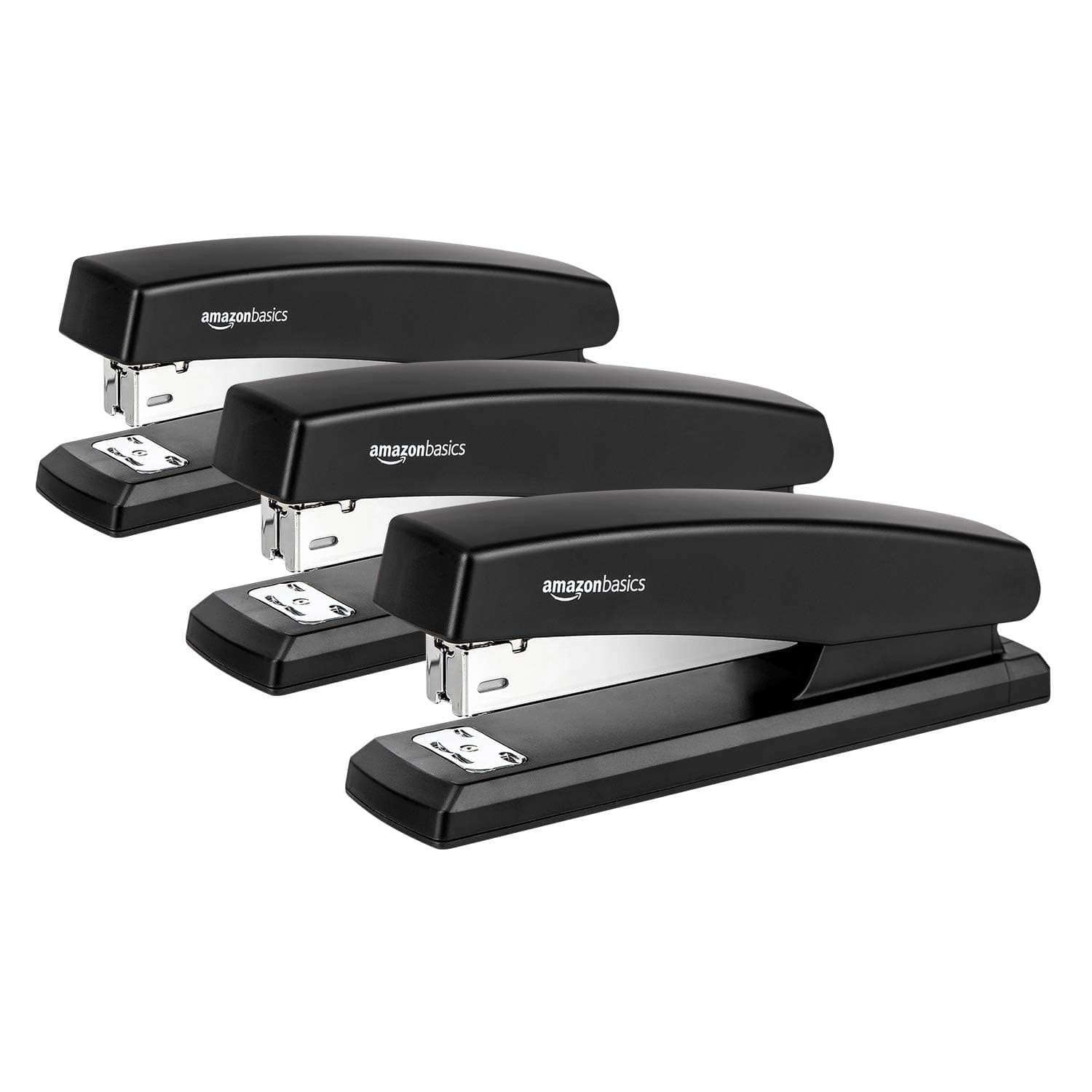 Amazon Basics Stapler, Desktop Staplers with 1000 Staples, Office Stapler, 10 Sheet Capacity, Non-Slip, Black, 3-Pack