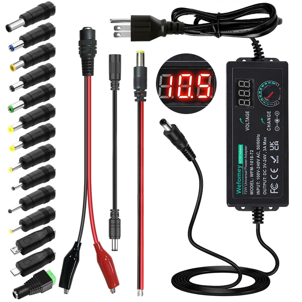 Universal Power Supply 3V~24V 3A 72W Adjustable Variable 3V 5V 6V 9V 12V 15V 18V 20V 24V AC/DC Adapter Charger, 100V-240V AC to DC Converter with 14 Tips and Polarity Converter