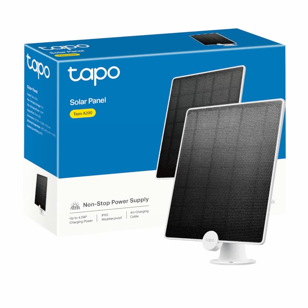 TapoSolar Panel, Non-Stop Solar Power, up to 4.5W Charging Power, IP65 Weatherproof, 4m Charging Cable, 360° Adjustable Mounting Bracket, Works with Tapo Battery-powered cameras (Tapo A200)