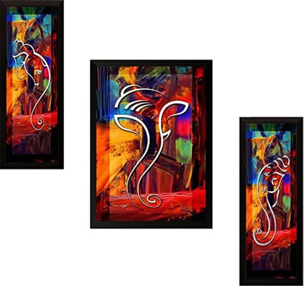 PAF written in a Frame Lord Ganesh 3 Set Wall Hunging Framed Wall Art Paintings (12 inch x 18 inch)
