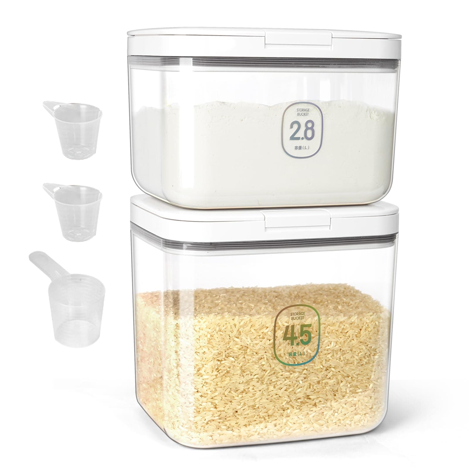 Rice Storage Container Airtight 4.5 L+2.8 L, Flour Container for Storage with Measuring Cup, Grain Container, Dry Food Storage Container, Plastic Cereal Dispenser for Kitchen Baking Flour