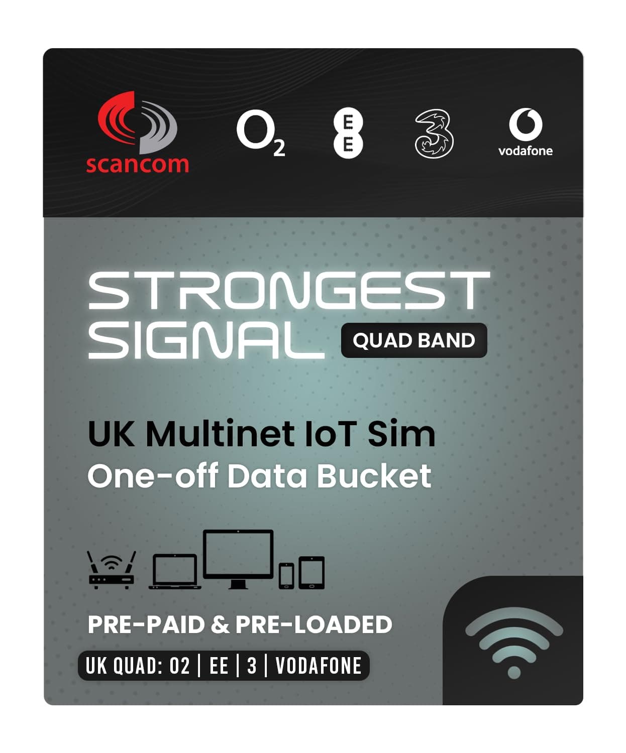 UK Multi-Network Quad Band Data Sim Card - One-off Data Allowance for 12 months - Automatically Connects to EE, Three, O2 or Vodafone at the location in use (20GB)