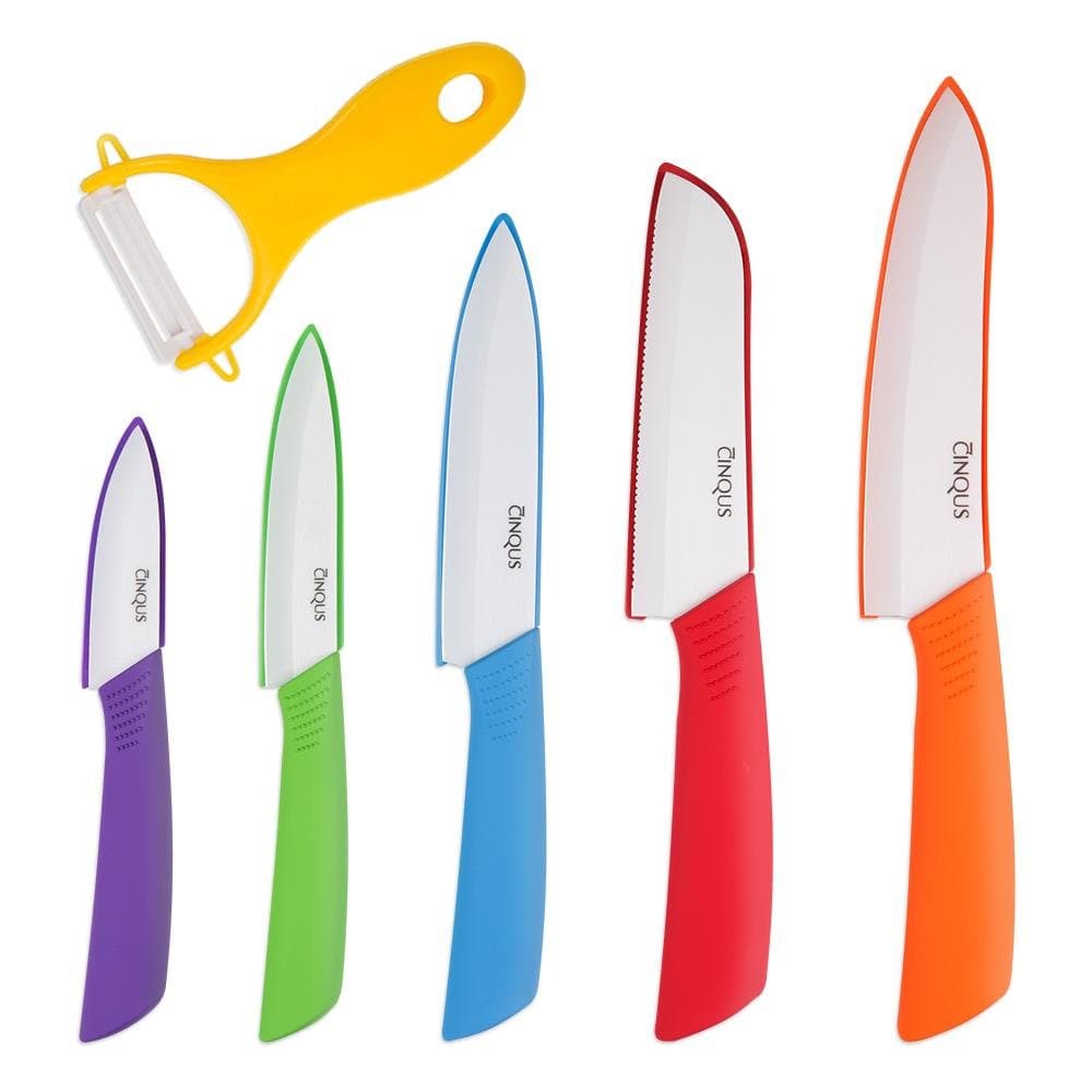 Ceramic Knife Set - 6 Piece Kitchen Knives Ceramic Set with Covers,Chef Knife Set Serrated and Paring Knives,Colored Ceramic Kitchen Knife Set by CINQUS