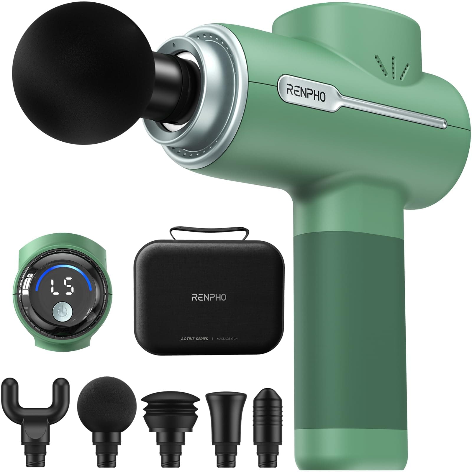 RENPHO Active Massage Gun, Deep Tissue Percussion Back Massager for Neck, FSA Approved, Portable Handheld Massager with 5 Speeds, HSA, 5 Attachments, Carry Case, Green