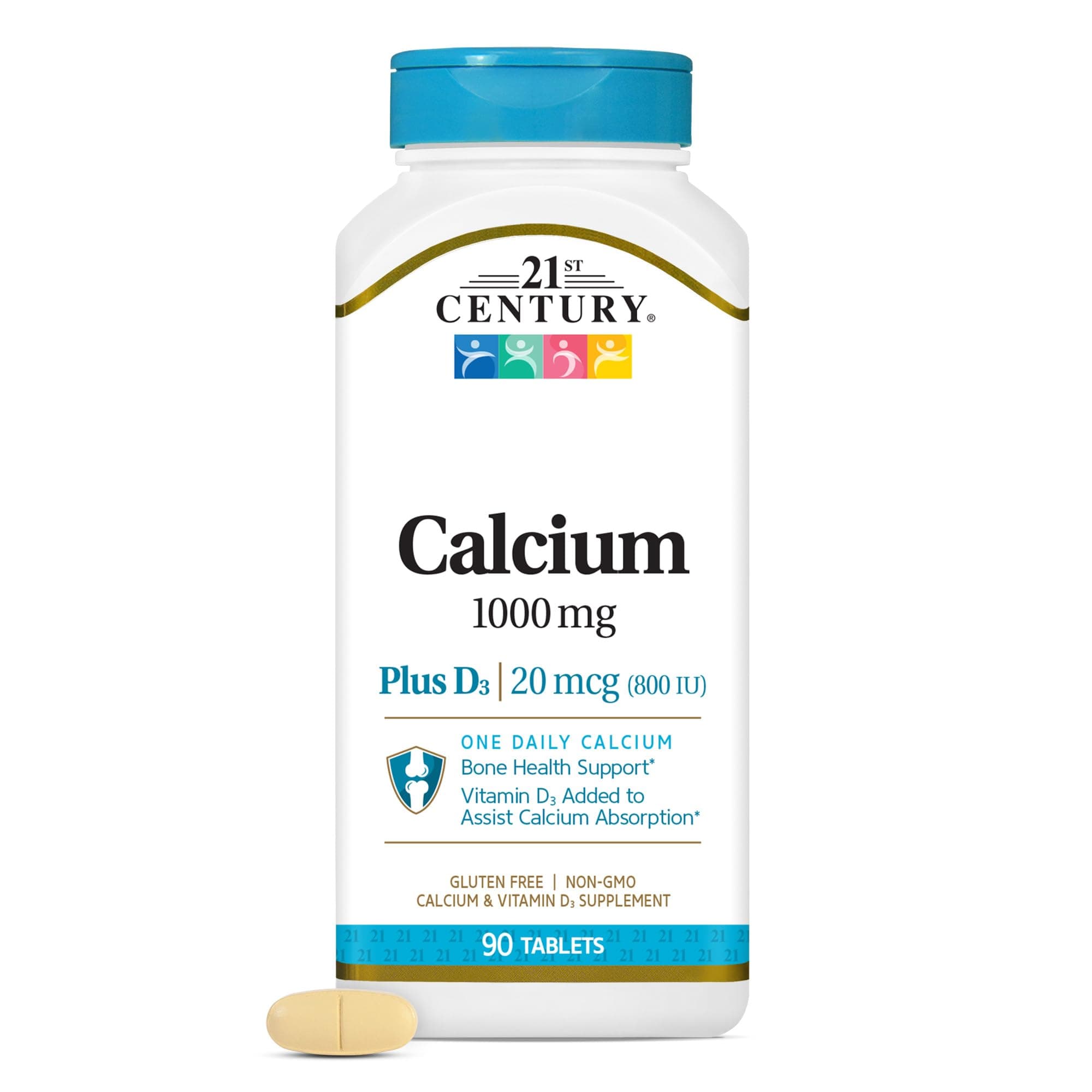 21st Century Calcium Plus D3 Tablets, (90 Count), 1000mg Calcium with Vitamin D3 20mcg (800 IU), Gluten-Free & Non-GMO, Bone Health Supplement for Men & Women, No Added Yeast or Artificial Flavors