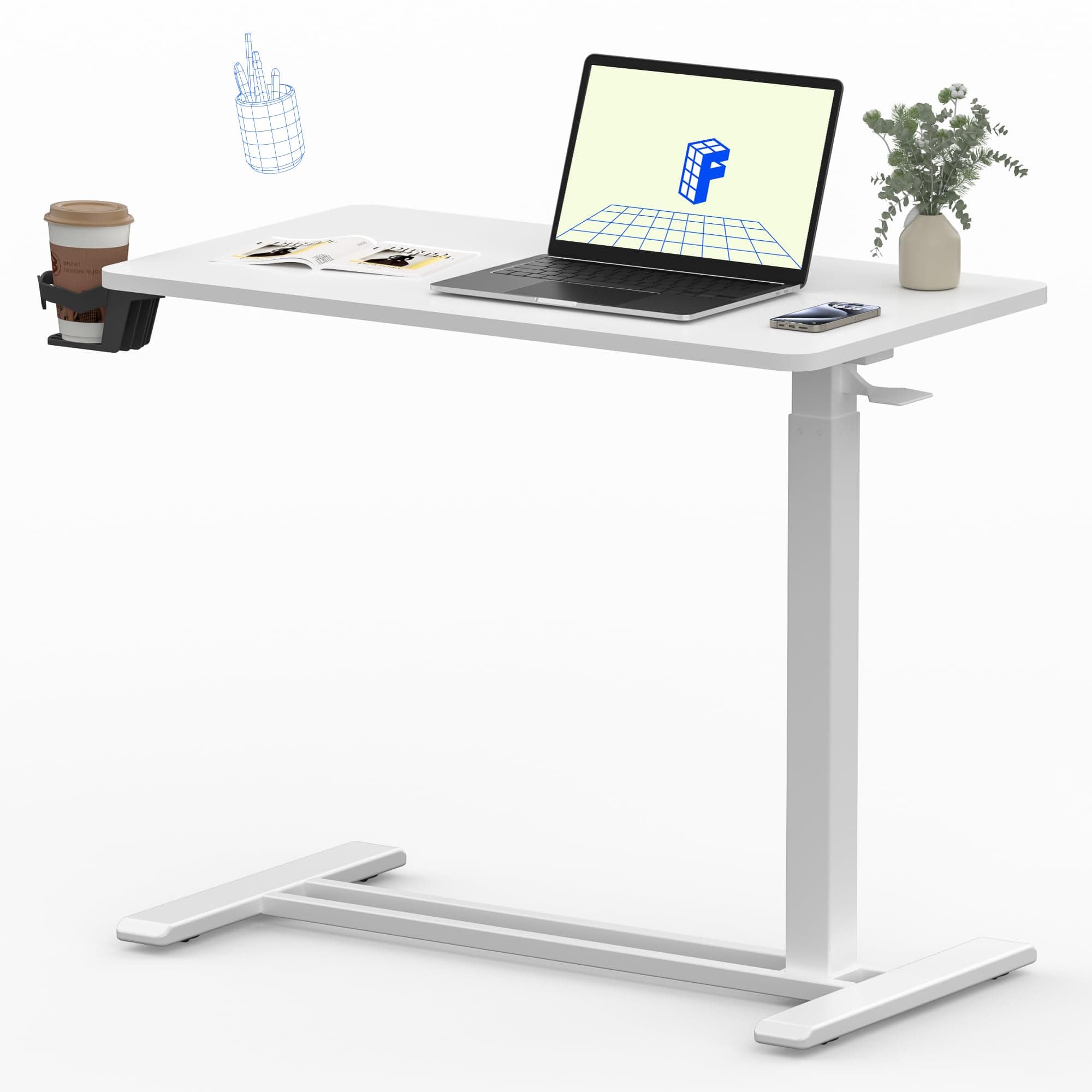 FLEXISPOT Mobile Standing Desk with Wheels Pneumatic Laptop Desk Rolling Computer Cart Movable Height Adjustable Small Sit Stand Desk Computer Workstations Home Use(31.5" W x 17.7" D,White