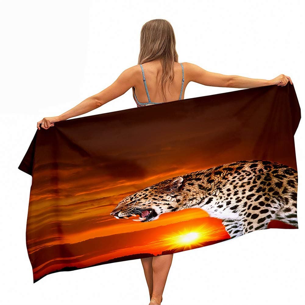 Beach Bath Towel, 3D Animal Leopard Print Microfibre Quick Dry Extra Large Lightweight Super Soft Summer Towels for Travel Vacation Pool Swim or Sports Fitness (Sunset,80x180cm)