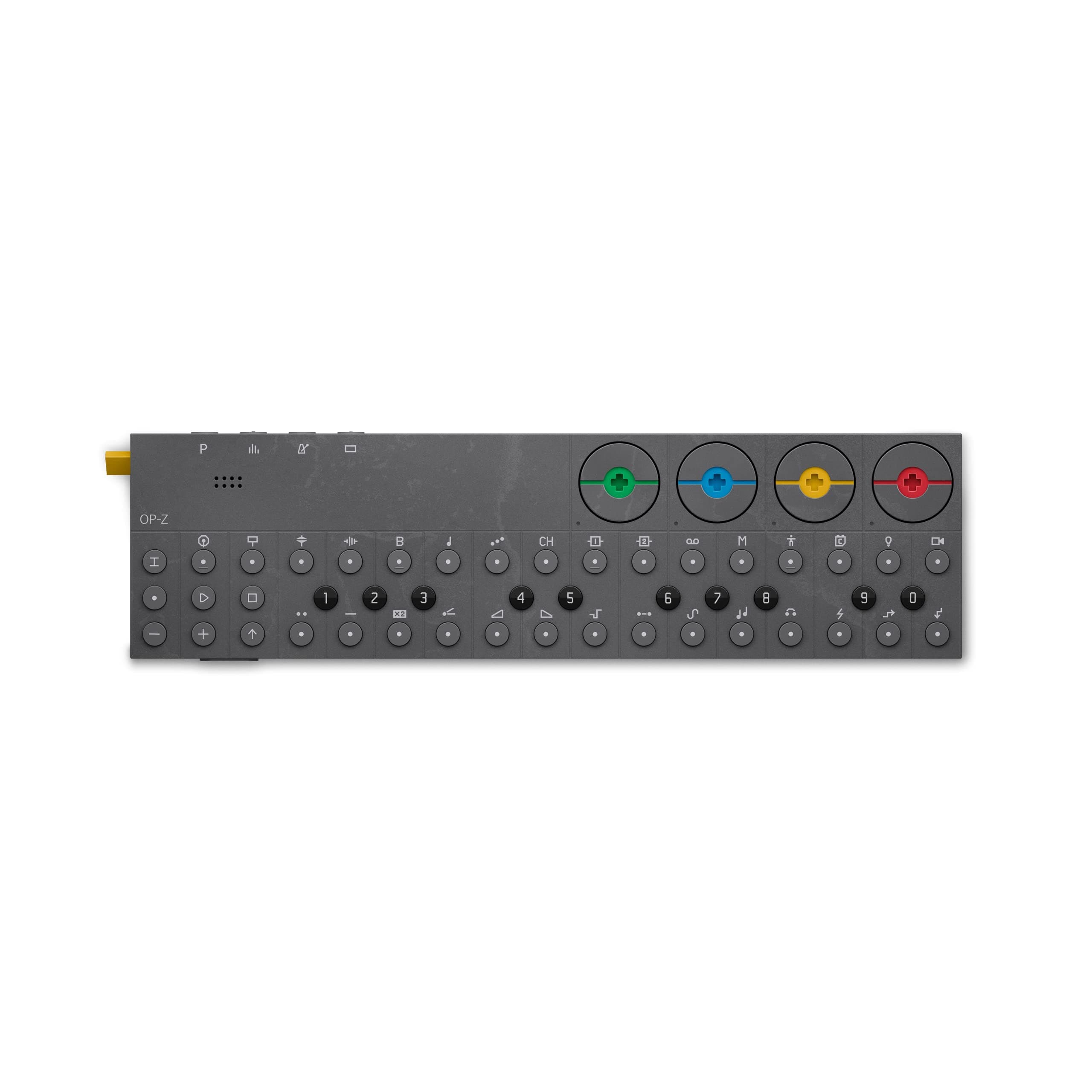 teenage engineering OP–Z portable sequencer, synthesizer, drum machine and visual controller with built-in microphone for sampling, effects and midi, iOS compatible and battery powered