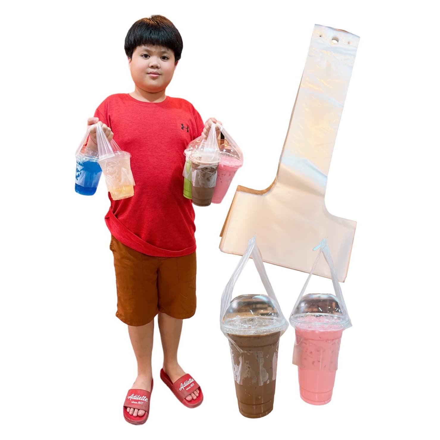 100PCS Plastic Clear Handle Drink Containers Bags for Shops Stores Delivery Hanging Carry Take Out Beverage Coffer Milk Juice Water Tea Hole Liquid Pouches Single or Double Cups (Single Cup)