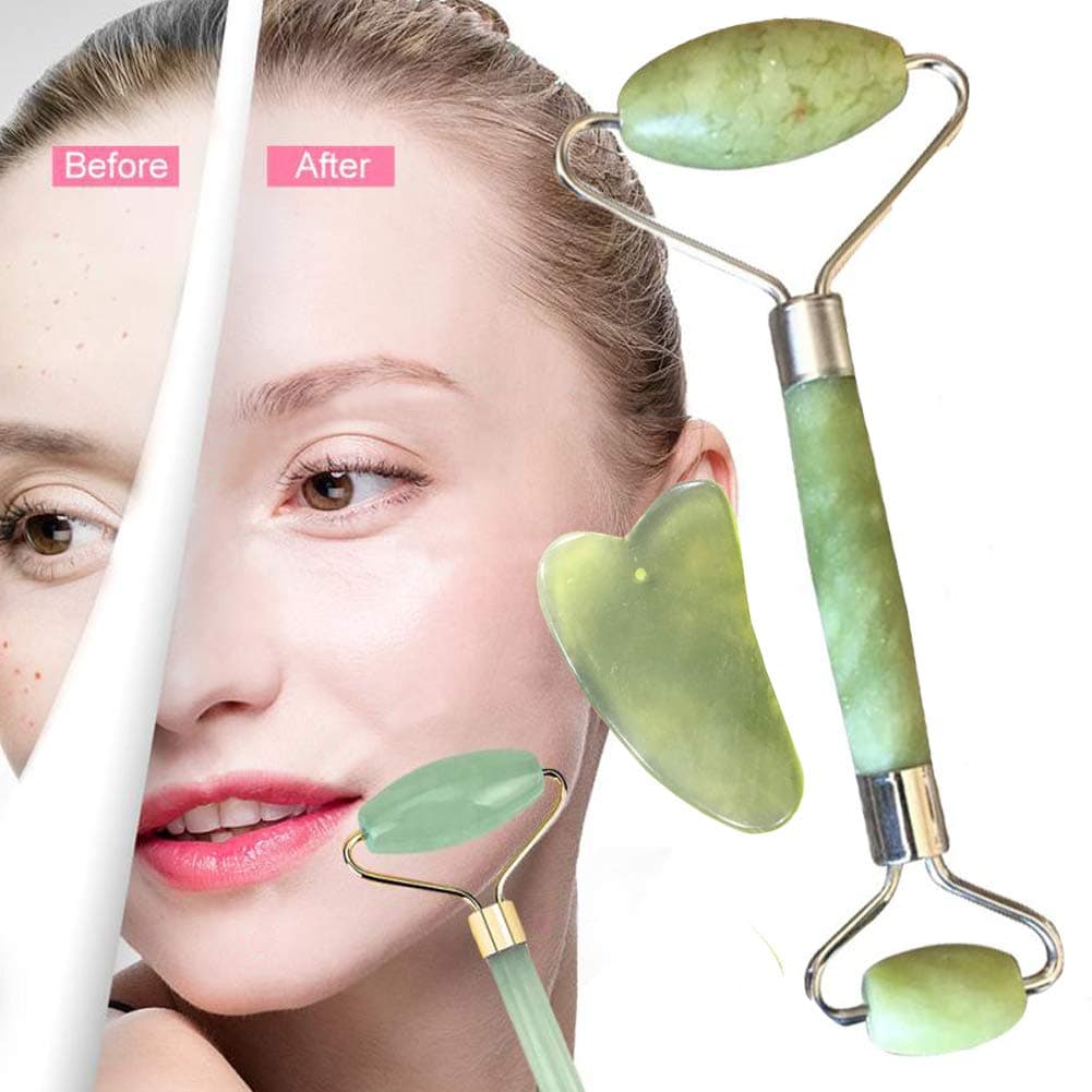 Rickey Foxxx Jade Roller and Gua Sha Scraping Massage Tool Set 2 Pack Natural Jade Facial Roller Face Massage Anti Aging Cold Therapy Skin Tightening for Face Neck Slimming