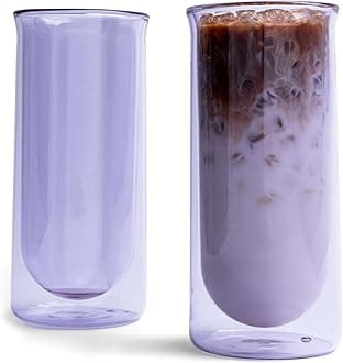 FLUR Iced Coffee Glasses (Set of 2) Perfect for Iced Coffee, Cold Brew & Lattes – Double-Walled Borosilicate Glass – For Hot & Cold Drinks – Lightweight & Easy to Clean – 15.5oz (Purple)