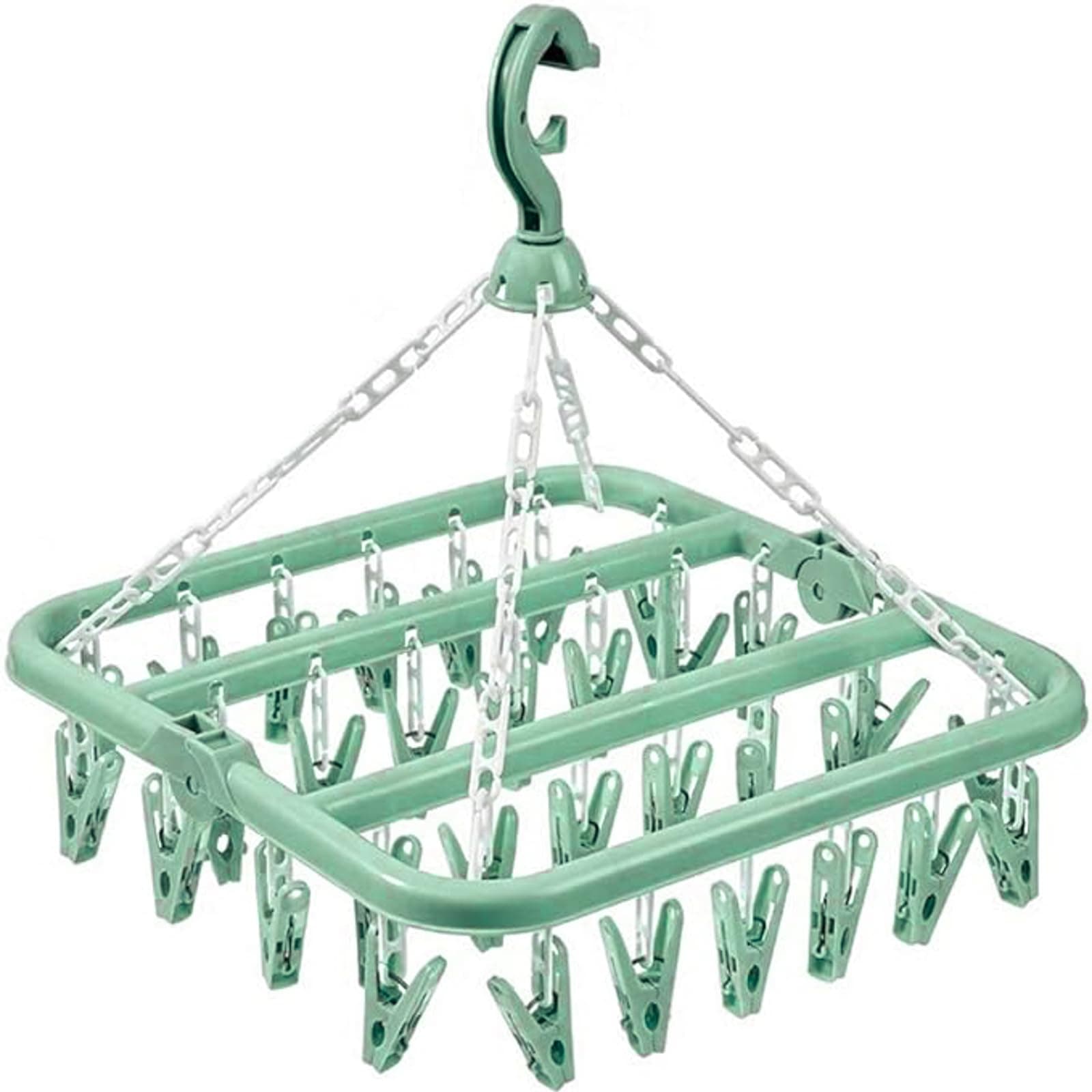 Clothes Drying Hanger with 32 Clips and Drip Foldable Hanging Rack (Light Green)