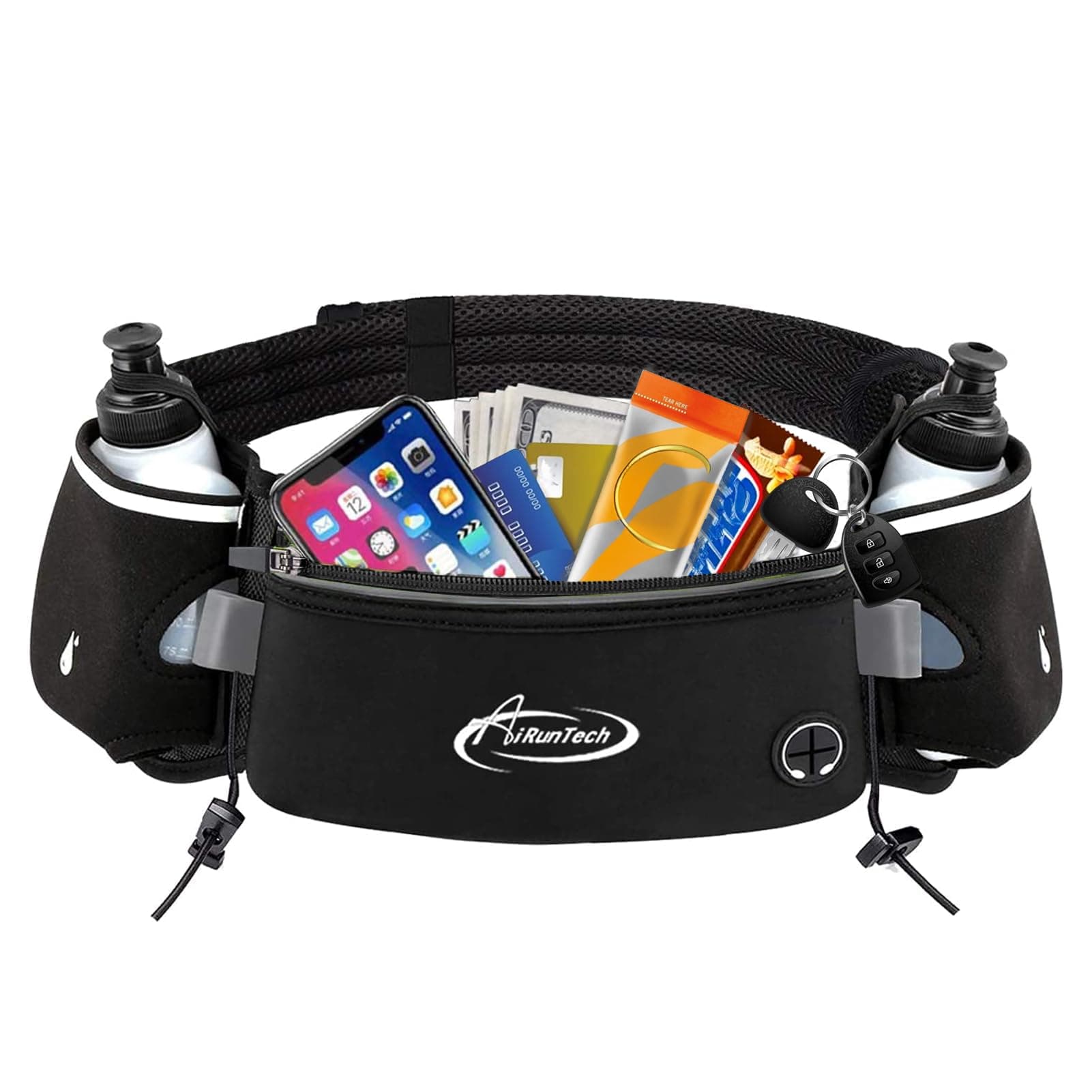 Hydration Running Belt with Bottles Zero Bounce Design for Running, Triathlon, Ironman, Marathon, 10K, 5K, Trail Fit for Most Smartphones(2 * 6OZ bottle)