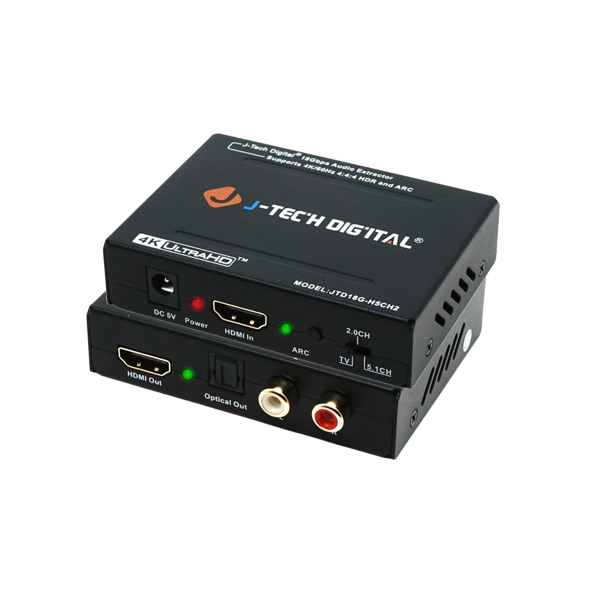 J-Tech Digital 4K60Hz HDMI 2.0 Audio Extractor HDMI-ARC Converter SPDIF + RCA(L/R) Output 18Gbps, HDCP 2.2, 1080P@120Hz, 1080P@144Hz, Compatible with Dolby_Digital/DTS CEC HDR10 [JTD18G-H5CH2]