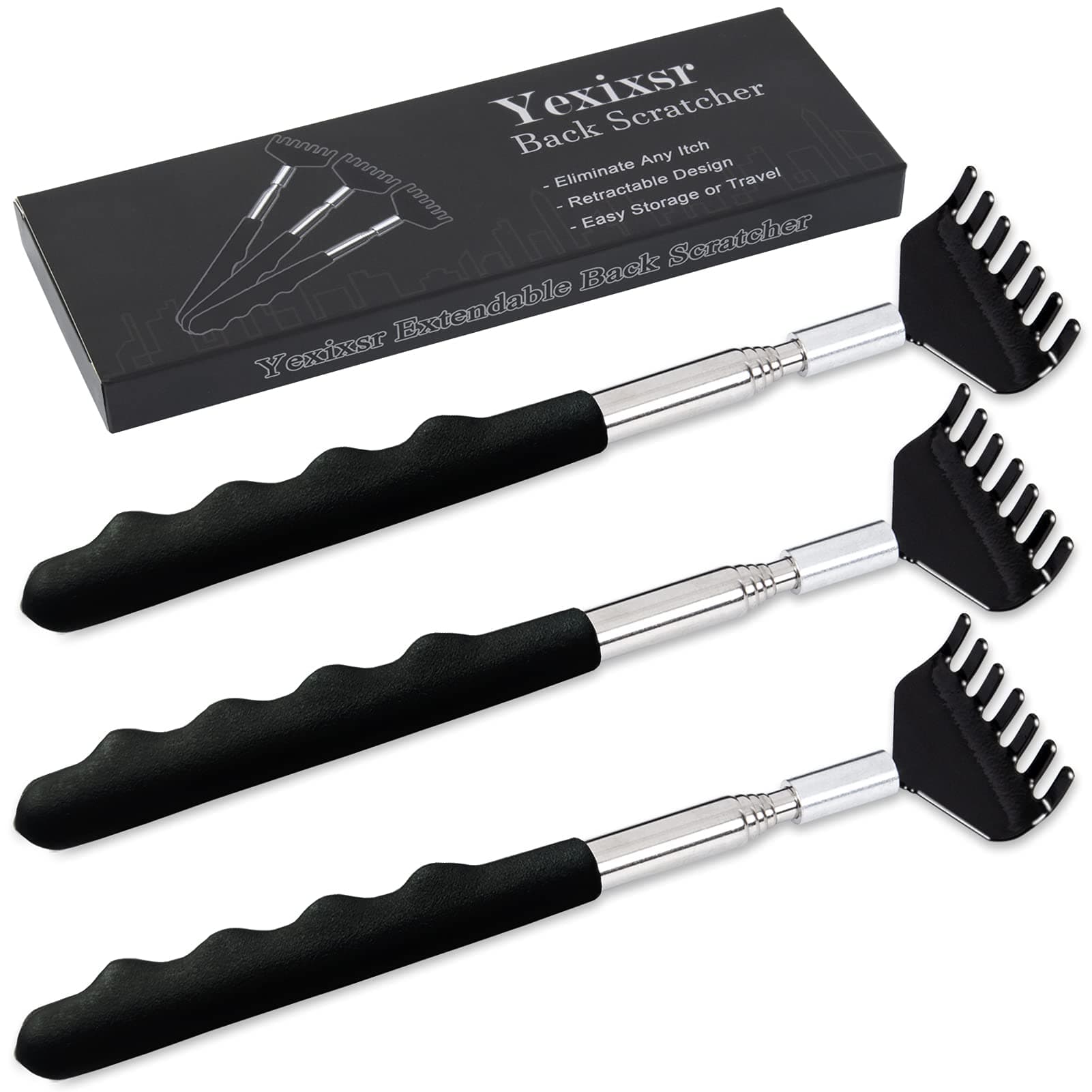 3 Pack Back Scratcher Extendable Metal Back Scratcher for Men Women Adults, Telescoping Back Massager with Rubber Handles, Christmas Gift Stocking Stuffers