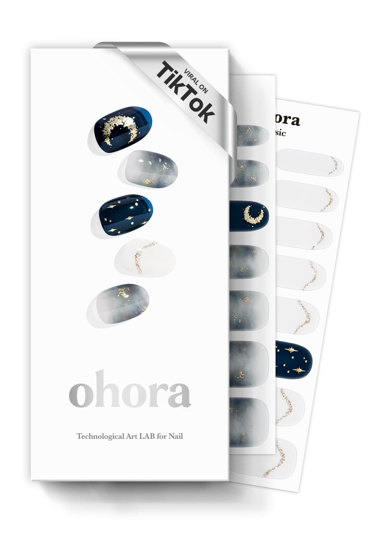 ohora Semi Cured Gel Nail Strips (N Moonlight) - Dark, Patterned, Works with Any UV/LED Lamps, Salon-Quality, Long Lasting, Easy to Apply & Remove - Includes 2 Prep Pads, Nail File & Wooden Stick