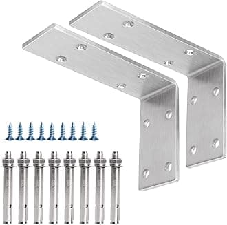 YUMORE Countertop Support Brackets 150x100x50mm,5mm Thick Heavy Duty L Shelf Bracket Stainless Steel Wall Mounted Support for DIY Open Shelving, 2 Pack, with Metal Wall Plug & Screws