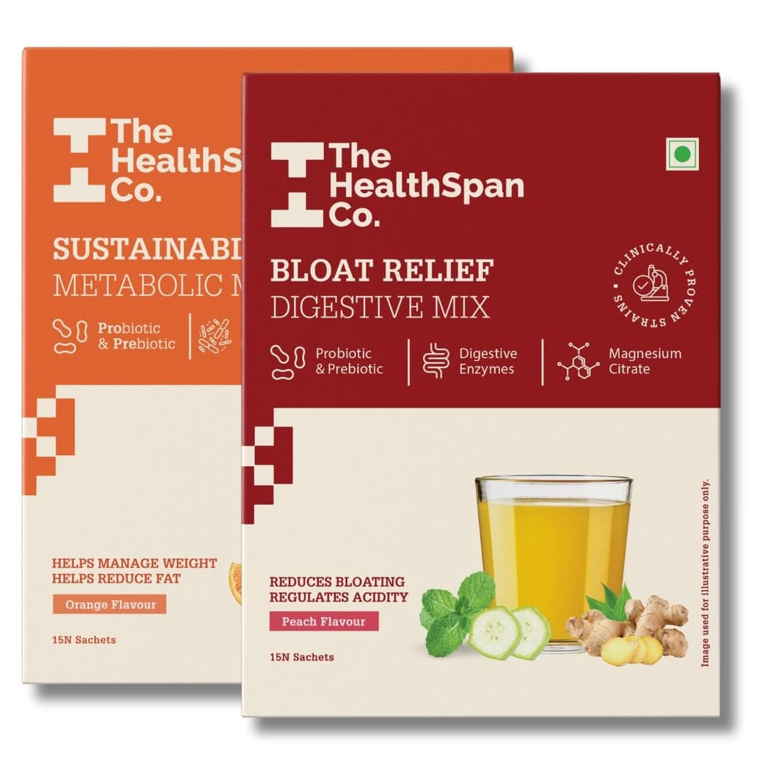 The Healthspan Co. Weight Management & Bloat Relief Combo Pack| Probiotic For Managing Weight & Relief From Bloating & Acidity|Refreshing Orange & Peach Flavor Drink|15 Days Sachet,2 Count,15 Servings