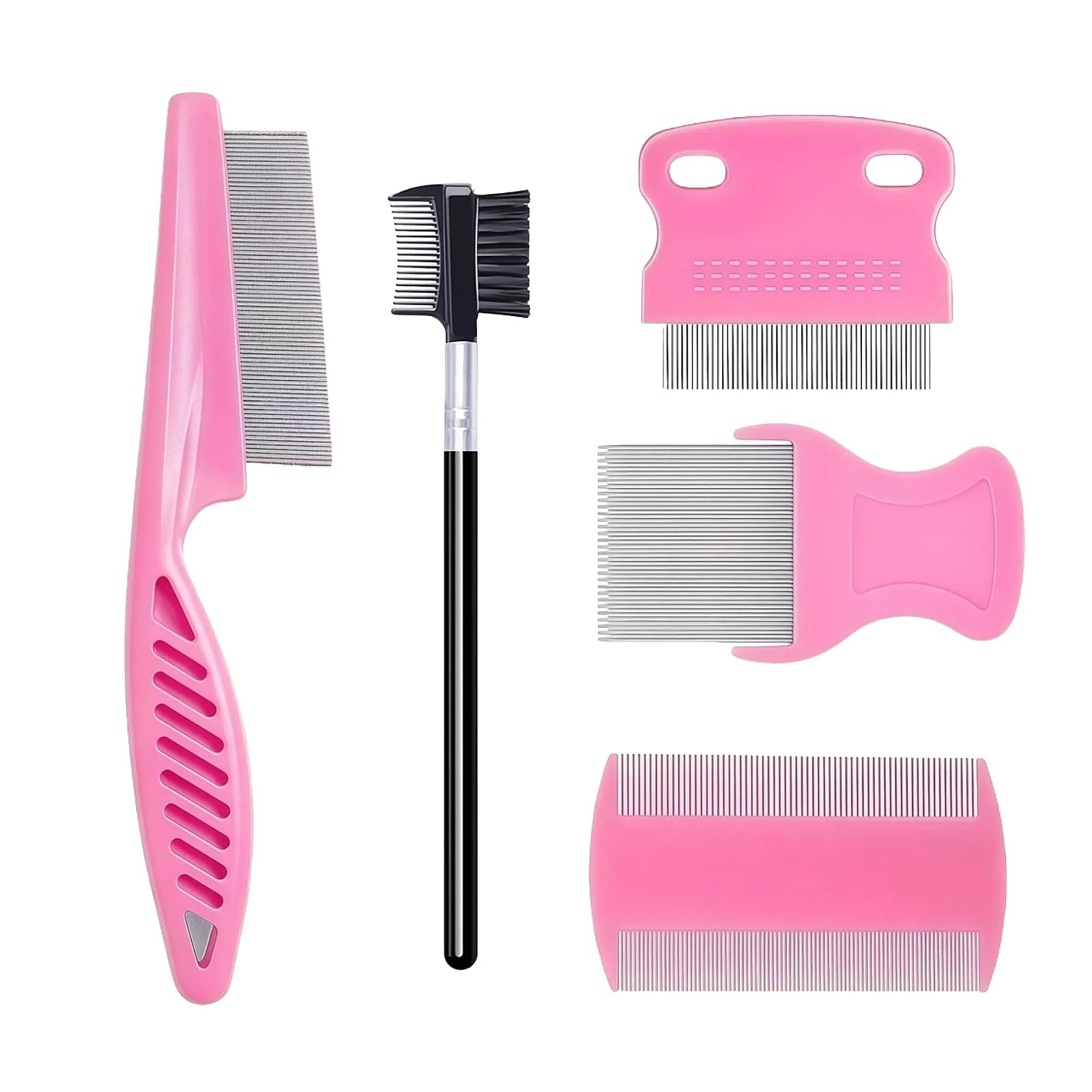 5 Pack Flea & Lice Comb Set for Cats, Dogs & Kids – Stainless Steel Fine Tooth Nit Comb Kit with Double-Sided Tear Stain Remover, Grooming Brush & Peine para Piojos for Thick Hair (Pink)
