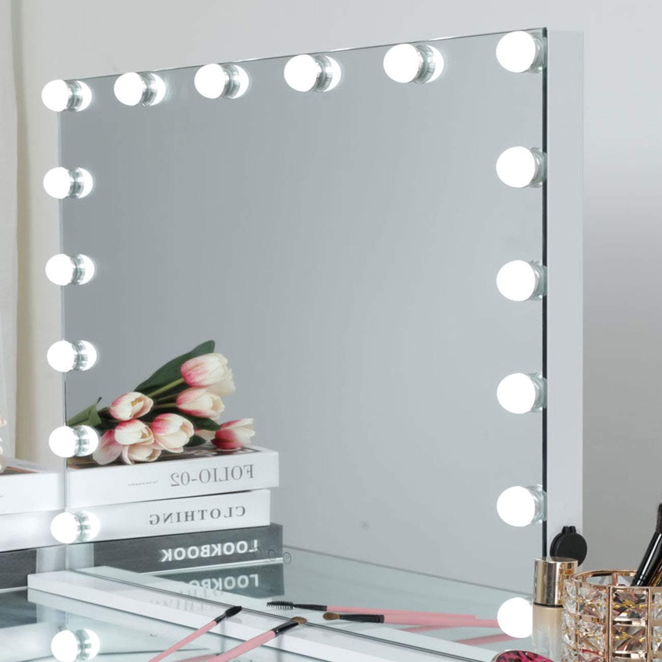 Hollywood Vanity Mirror with Lights - Large Lighted Makeup Mirror, Tabletop or Wall Mounted Beauty Mirror with 16 Dimmable LED Bulbs, USB Port, 3 Lighting Modes, Smart Touch Control, 27.5" W x 21.6" H
