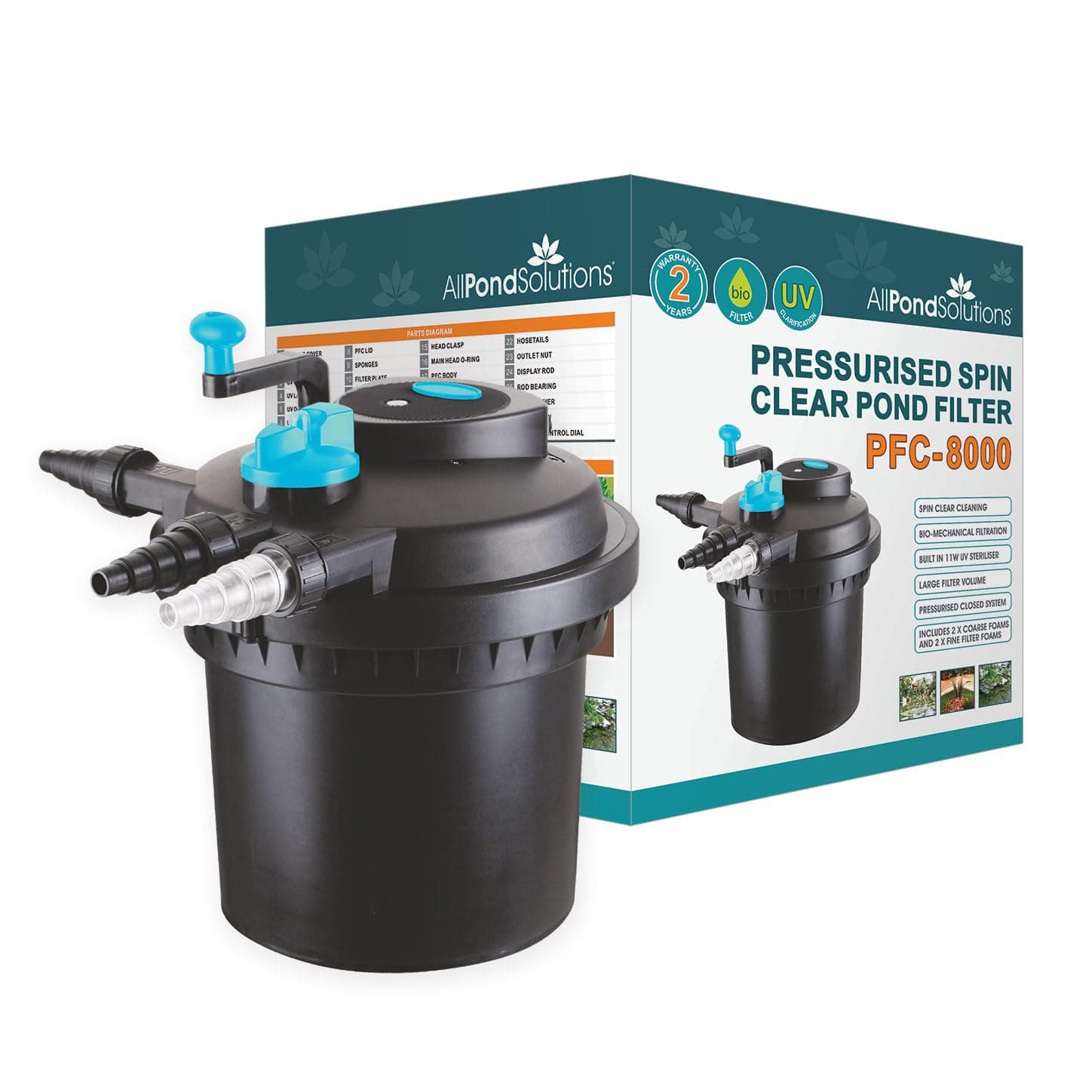 Pressurised Koi Fish Pond Filter with UV Steriliser Light All in one - Ponds Up to 8000 litres - PFC-8000