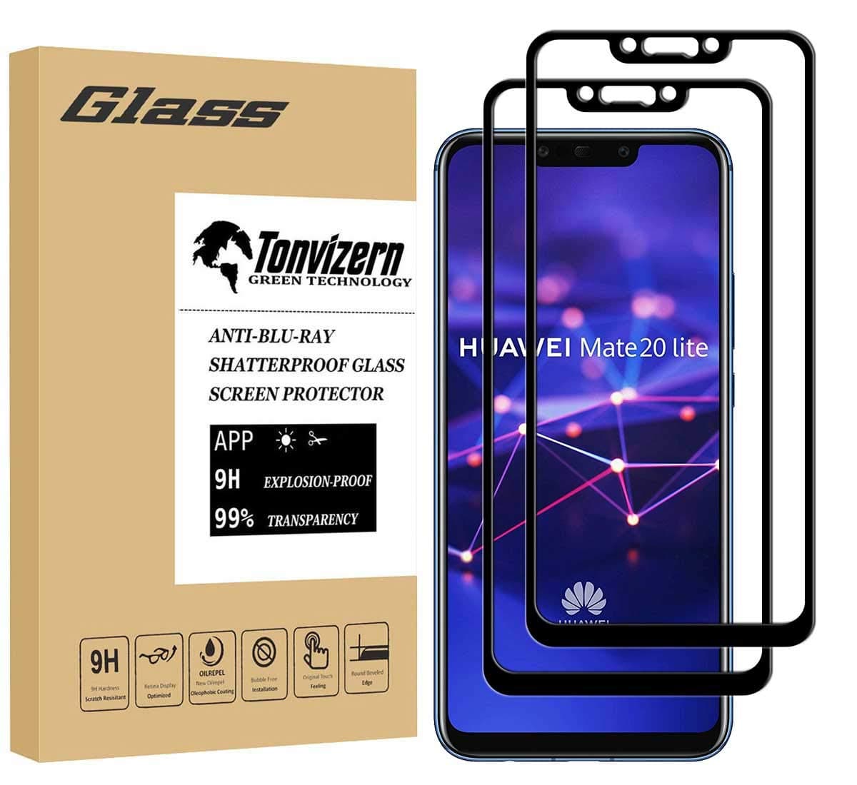 [2-Pack] Tonvizern Compatible for Huawei (Mate 20 Lite) Tempered Glass Screen Protector [Full Adhesive Coverage], 0.26mm 9H Hardness Screen Protector [Black]