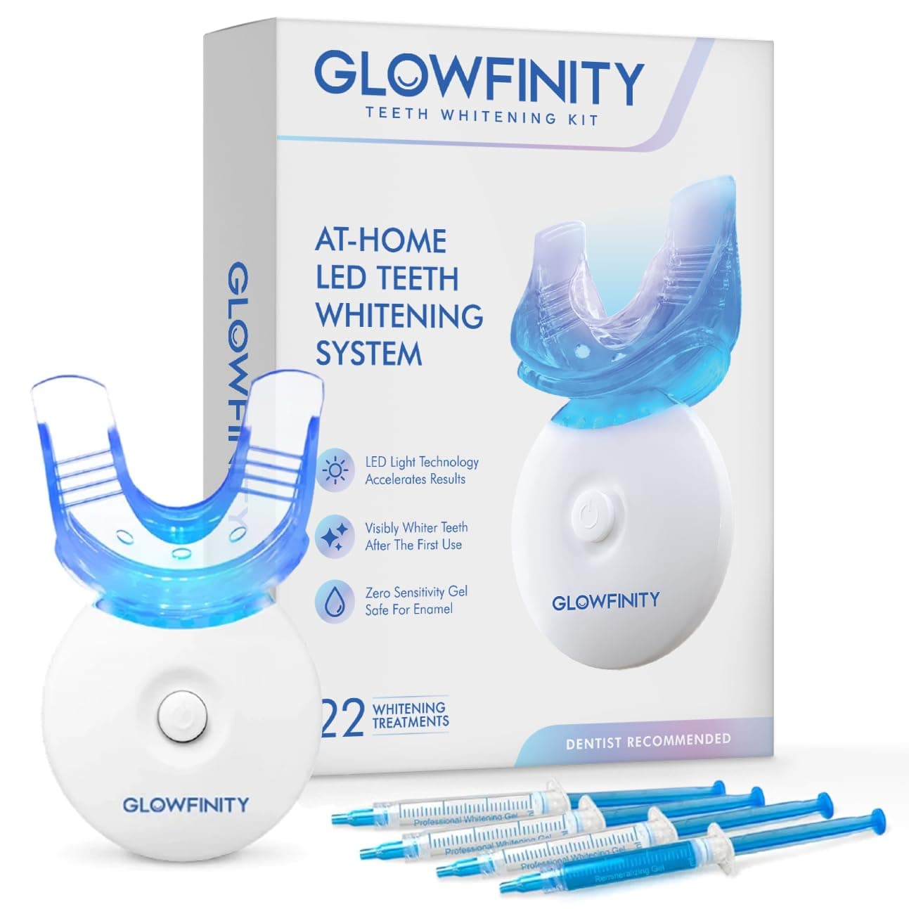 Teeth Whitening Kit - LED Light, 35% Carbamide Peroxide, (3) 3ml Gel Syringes, (1) Remineralization Gel, and Tray