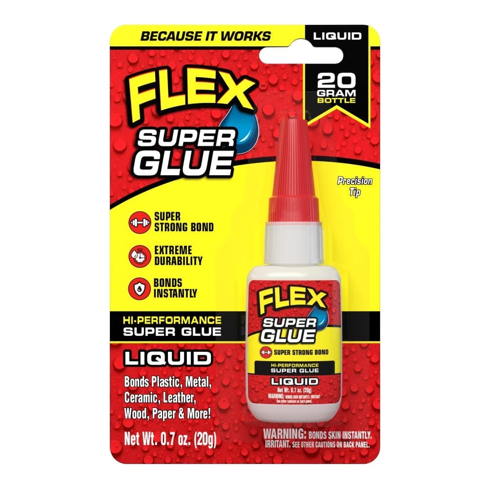 Flex Super Glue Liquid, 20 Gram Bottle, 1-Pack, Clear, Instant Bond, Quick Dry, Cyanoacrylate Adhesive, Precision Tip for Wood, Metal, Plastic, Crafts, Ceramic, and Toy Repairs