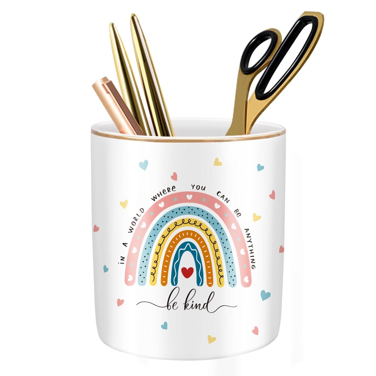 WAVEYU Pen Holder, Ceramic Durable Pencil Cup for Desk， Simple&Modern Style Makeup Organizer, Cute Multifunctional Office Supplies for Home, Kids and School, Rainbow Pattern