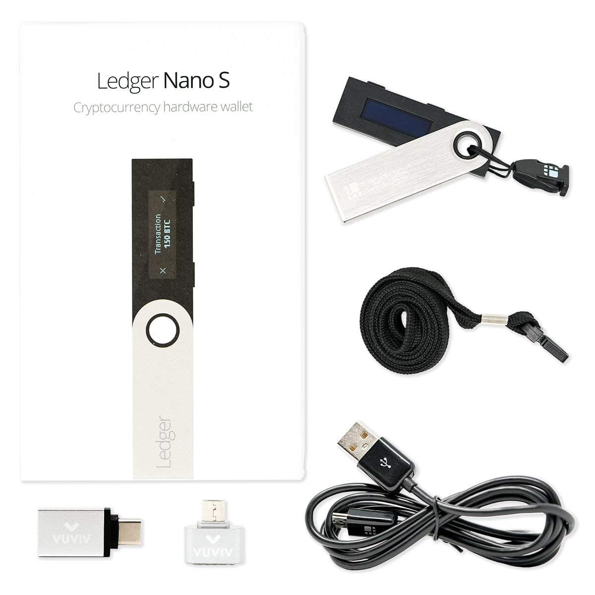 Ledger Nano S Cryptocurrency Hardware Wallet Bundle with Micro-USB Adapter and USB-C Adapter for MacBook (3 Items)