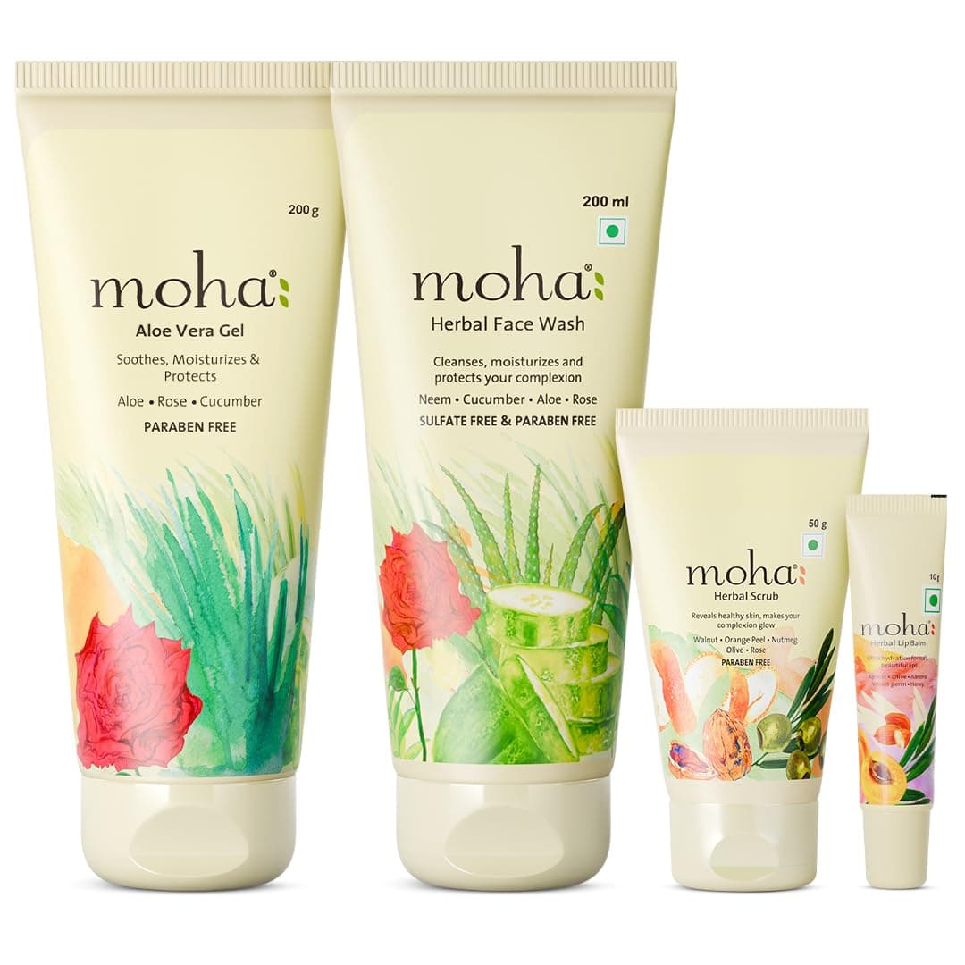 moha: Face Essentials Kit For Men & Women Includes Face Wash (200 Ml), Aloe Vera Gel (200 Ml), Herbal Scrub (100Gm) & Lip Balm (10Gm) For Soft & Healthy Skin.