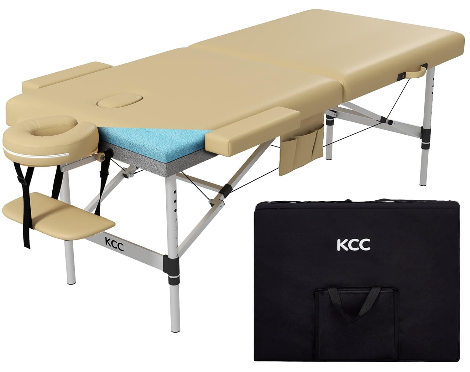 KCC Memory Foam Portable Massage Table, Foldable Tattoo Table Lash Bed Height Adjustable，28 Inchs Wide Home Salon Spa Bed Accessories &Carrying Case，Easy Set Up,Lightweight Aluminium Leg,Beige