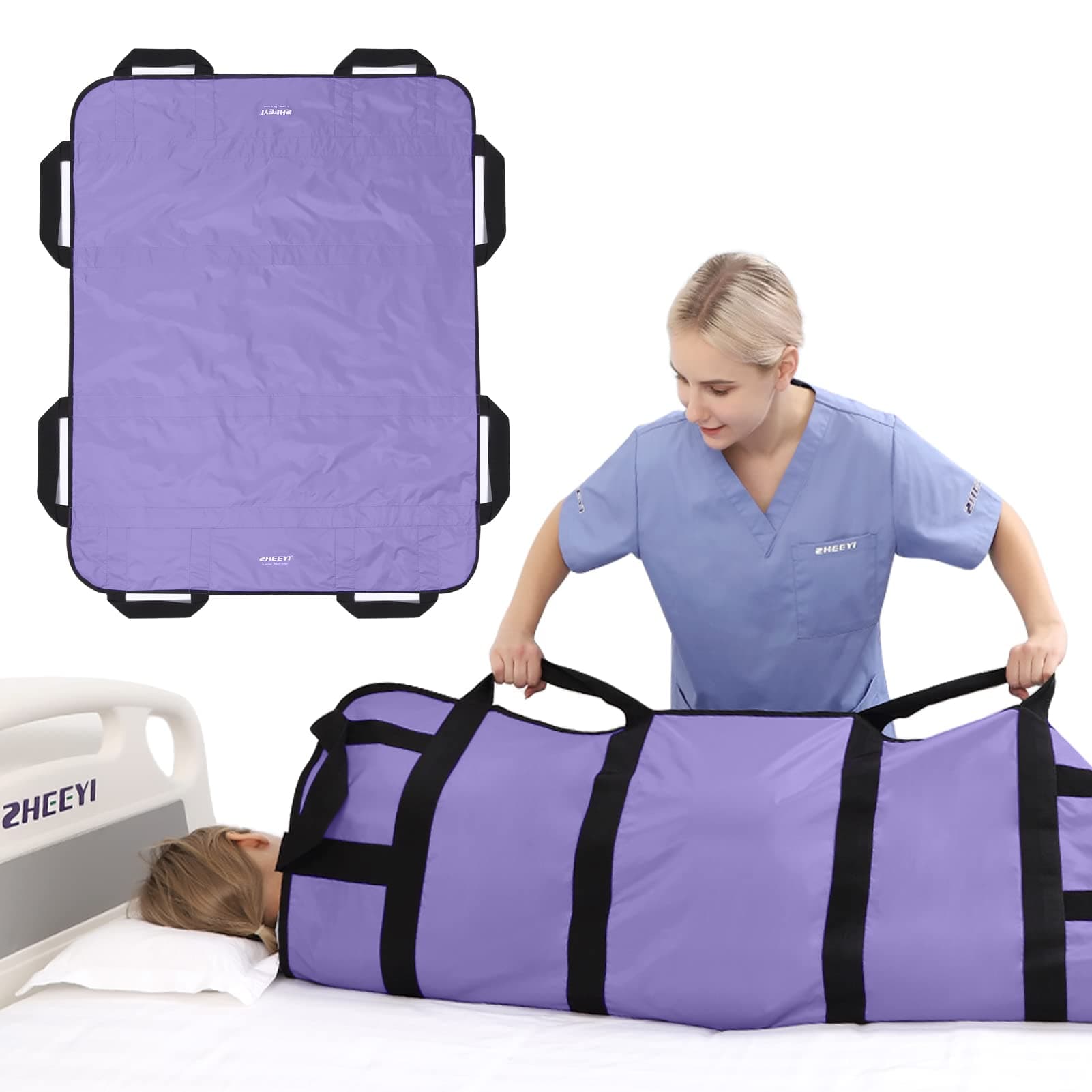 Multipurpose 48" x 40" Positioning Bed Pad with Reinforced Handles - Reusable & Washable Patient Sheet for Turning, Lifting & Repositioning - Double-Sided Nylon Fabric, Purple