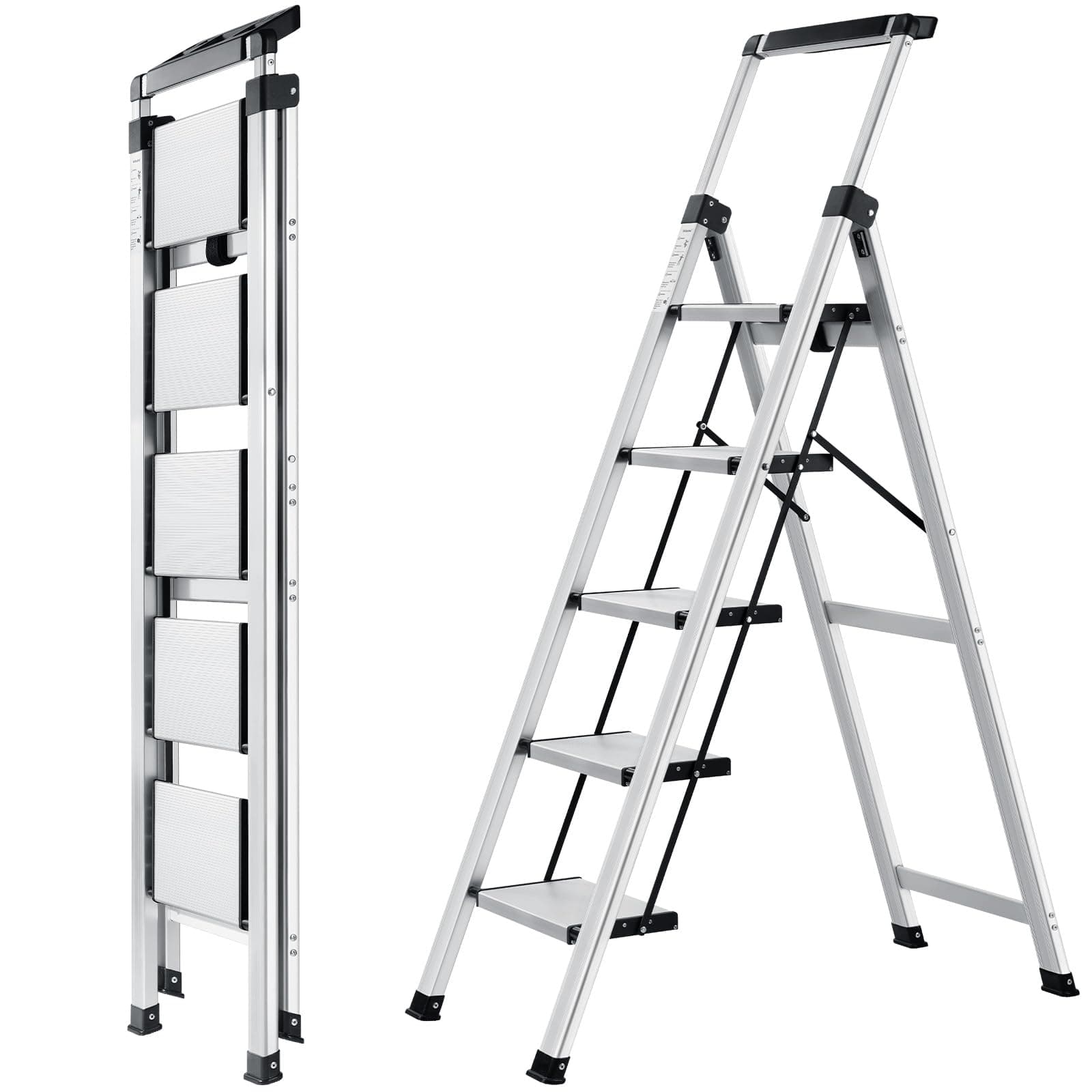 XinSunho Foldable ladder 5 steps stool, Step Ladder With Extendable Handrail, Lightweight Aluminium Step Ladder For Home, Non-Slip Portable Ladder For Kitchen, Library And Office ，Maximum Load 150 Kg