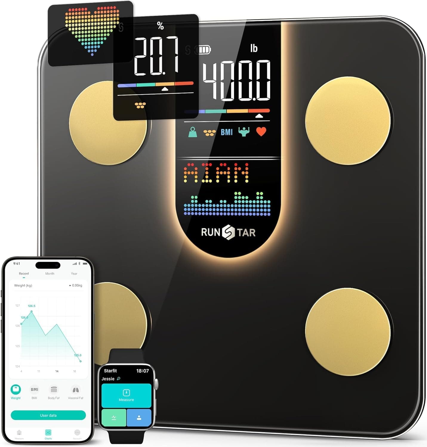RunStar Scale for Body Weight, Smart Scale with 8-in-1 VA Display, High Precision Bathroom Digital Scale for Body Weight Heart Rate BMI Body Fat 22 Body Composition Sync APP, FSA&HSA Eligible