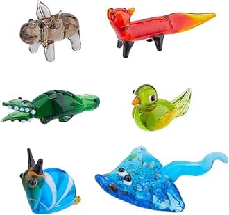 6Pcs Hand Blown Glass Figurines Miniature Animal Decor Colorful Glass Fox Crocodile Manta Ray Snail Hippo Bird Display Decorations for Home Collectible Gifts