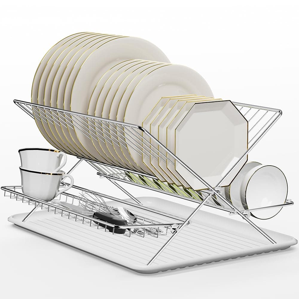 Dish Drying Rack with Drip Tray, Upgrade 3 Tier Collapsible Stainless Steel Dish Drainer, Plate Rack Holder for Kitchen Counter, Folding Dish Rack for Kitchen Sink, Countertop,Cutlery, Plates, Dishes