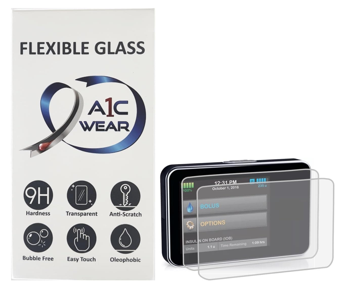 9H Flexible Glass Screen Protector Compatible with Tandem tSlim X2 and tFlex Insulin Pumps - Won't Crack or Chip - Anti-Scratch Anti-Fingerprint - 2 Pack