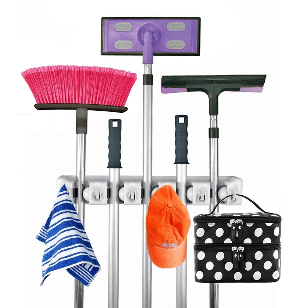 ROGERRAY Mop and Broom Holders,Wall Mounted Mop Holder Tool Shelving Multifunctional Wall Mounted Garage Storage Organization Systems (5 Position 6 Hooks)