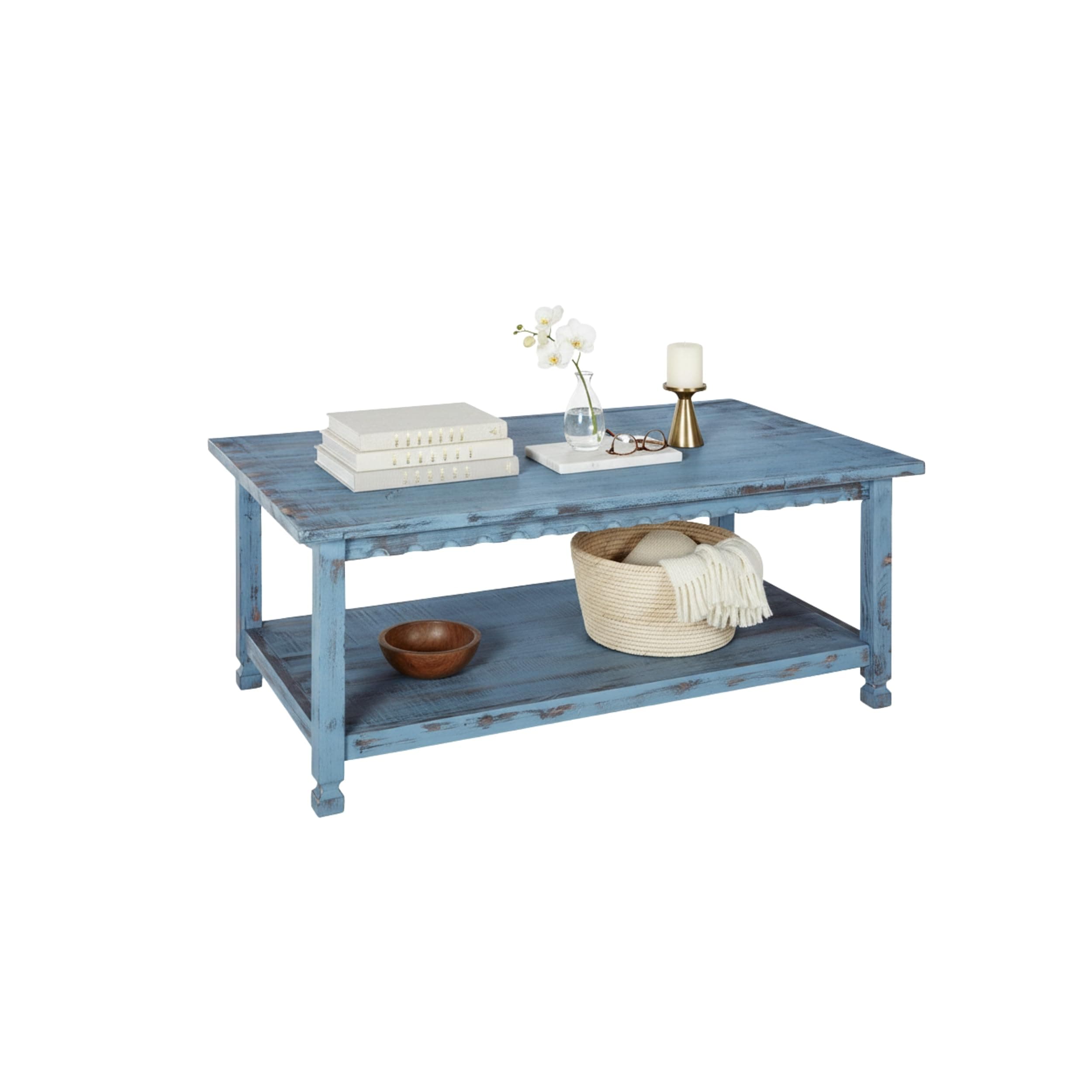 Rustic Rectangular Coffee Table, 42 in. W x 24 in. D x 18 in. H, Living Room Blue Antique, W/ (1) 36 in. W x 18 in. D x 10 in. H Shelf, Farmhouse/Cottage Style, Select Hardwood/Construction