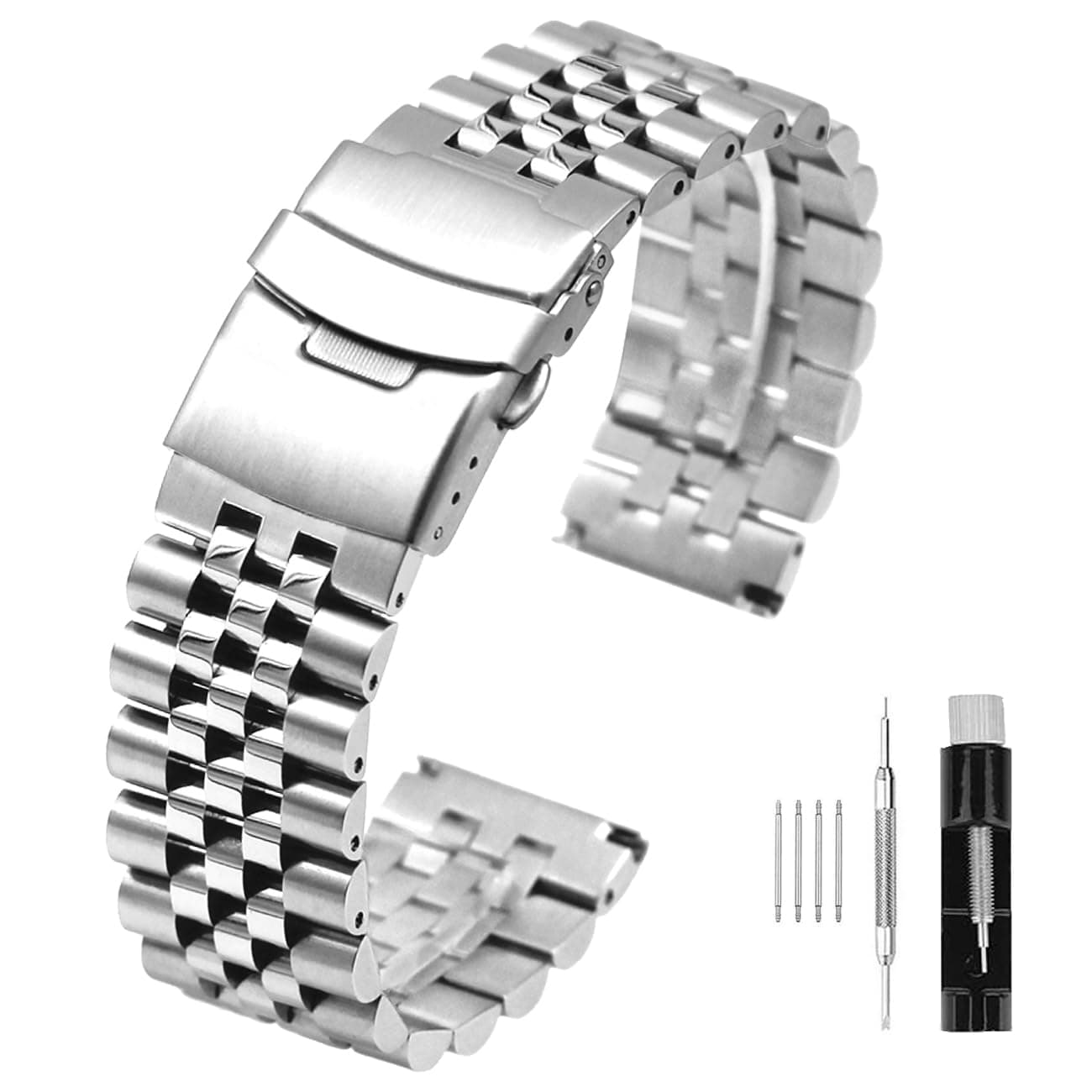 Super Brushed & Polished 3D Solid Silver Stainless Steel Watch Bracelet Band 20mm 22mm 24mm Security Double Deployment Buckle