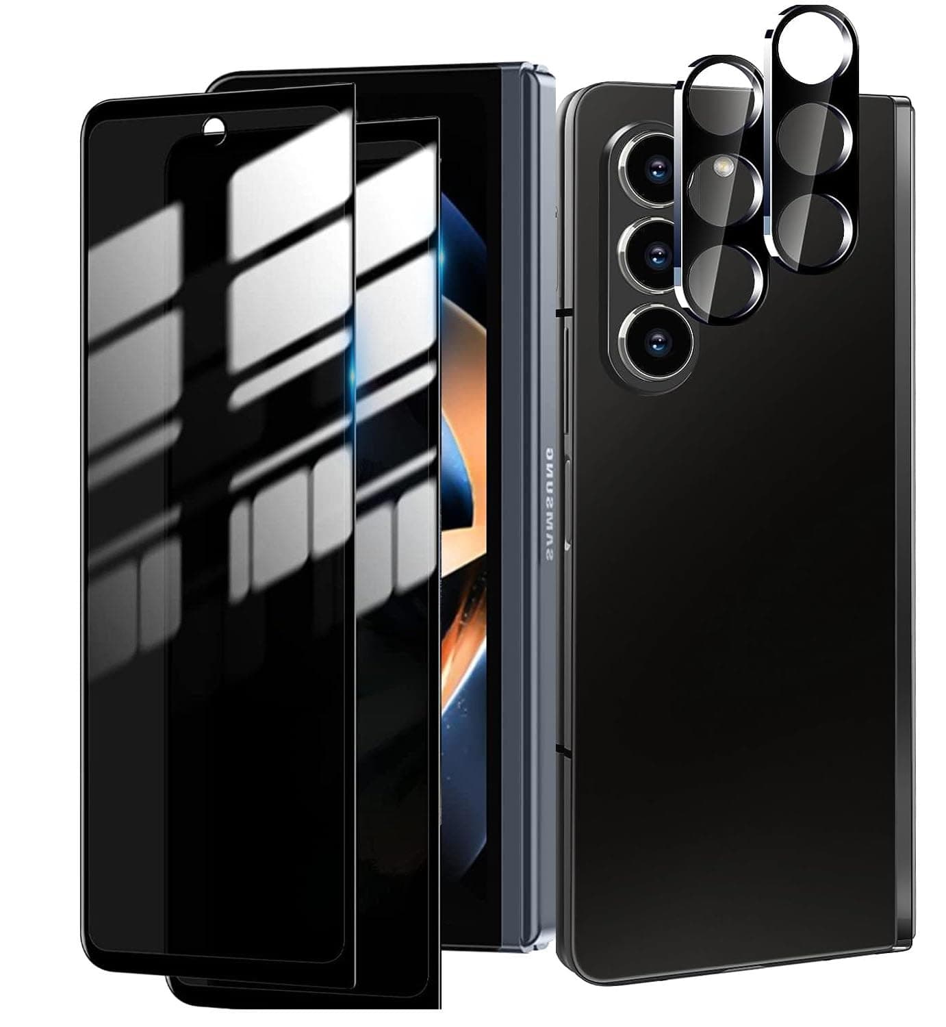 2X Privacy Tempered Glass Front Screen Protector Compatible with Samsung Galaxy Z Fold 5 + 2X Camera Lens Protector [Scratch Resistant] [Bubble Free] Private Anti-Spy Black Screen Cover