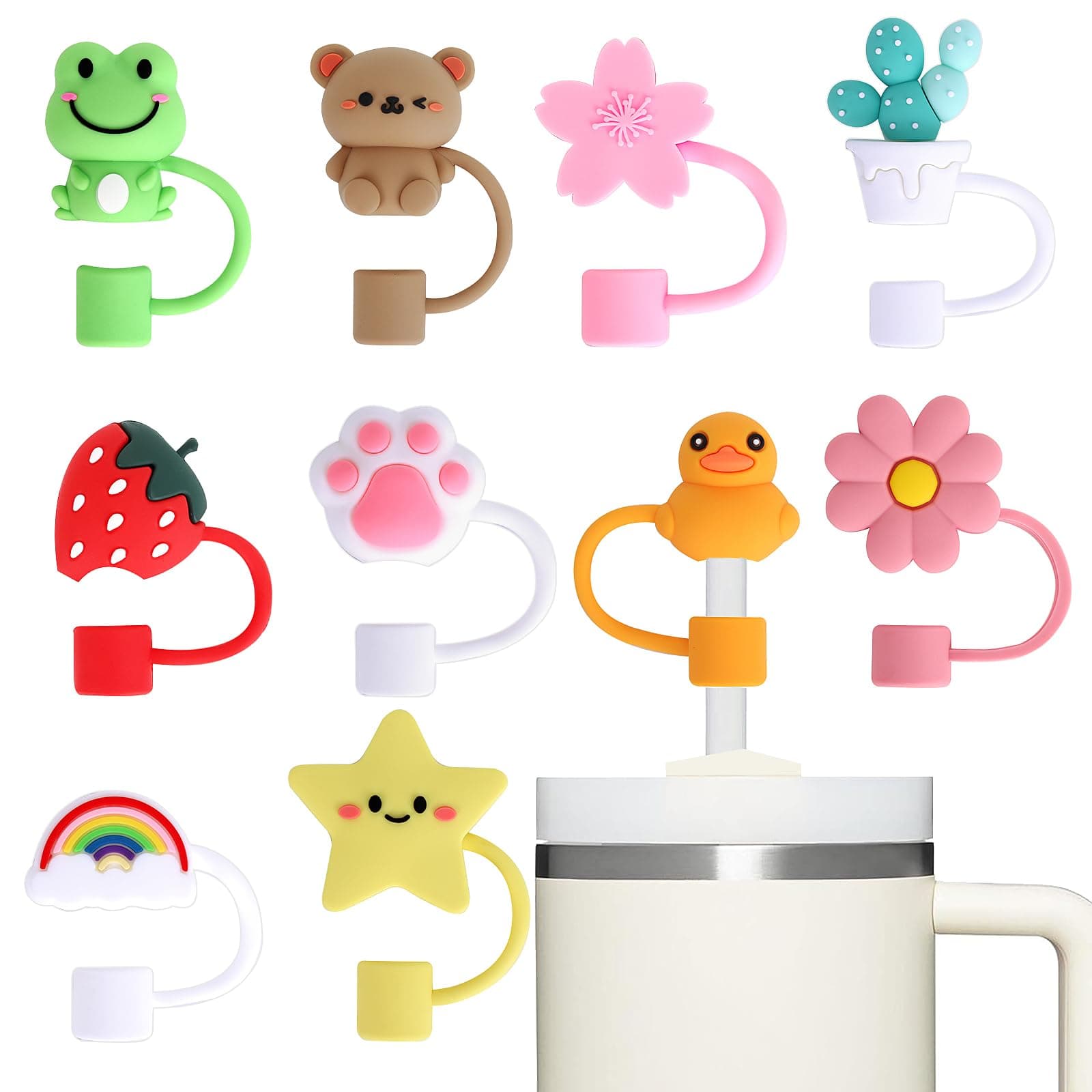 10PCS Straw Covers Cap, 10mm Cute Silicone Straw Covers Cap for Stanley 30&40 oz Tumbler Cup, Dust-Proof Protector Topper, Reusable Drinking Straw Tips Lids for Stanley Cups Accessories