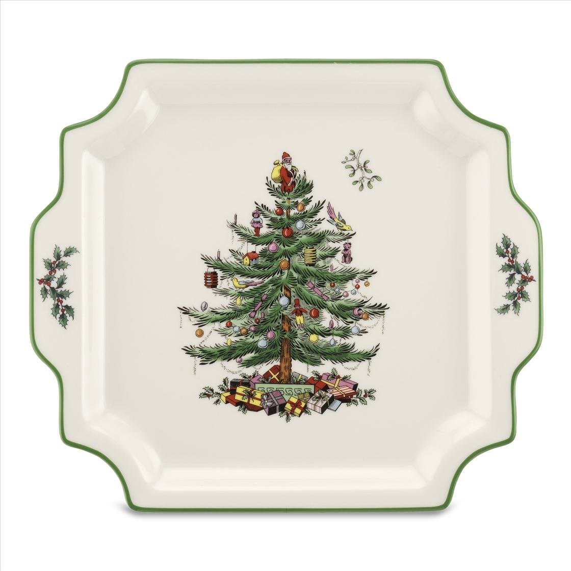 Spode Christmas Tree 12.5" Square Handled Serving Platter - Porcelain Serving Plate for Holiday Snacks, Appetizers, Buffet Displays - Microwave & Dishwasher Safe - Elegant Holiday Tableware