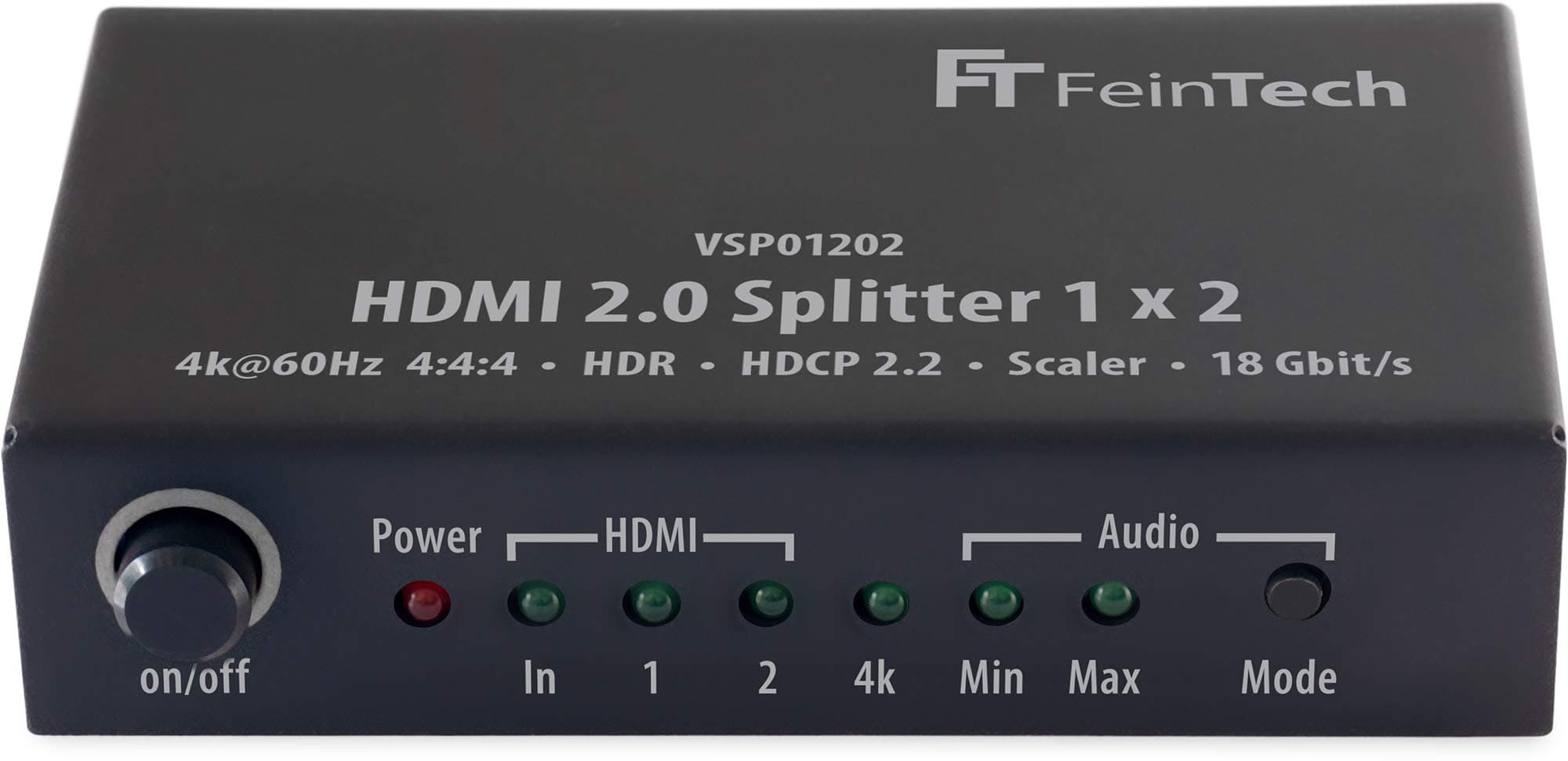 FeinTech VSP01202 HDMI 2.0 Splitter 1x2 with 4K HDR Down-Scaler Audio-EDID Black