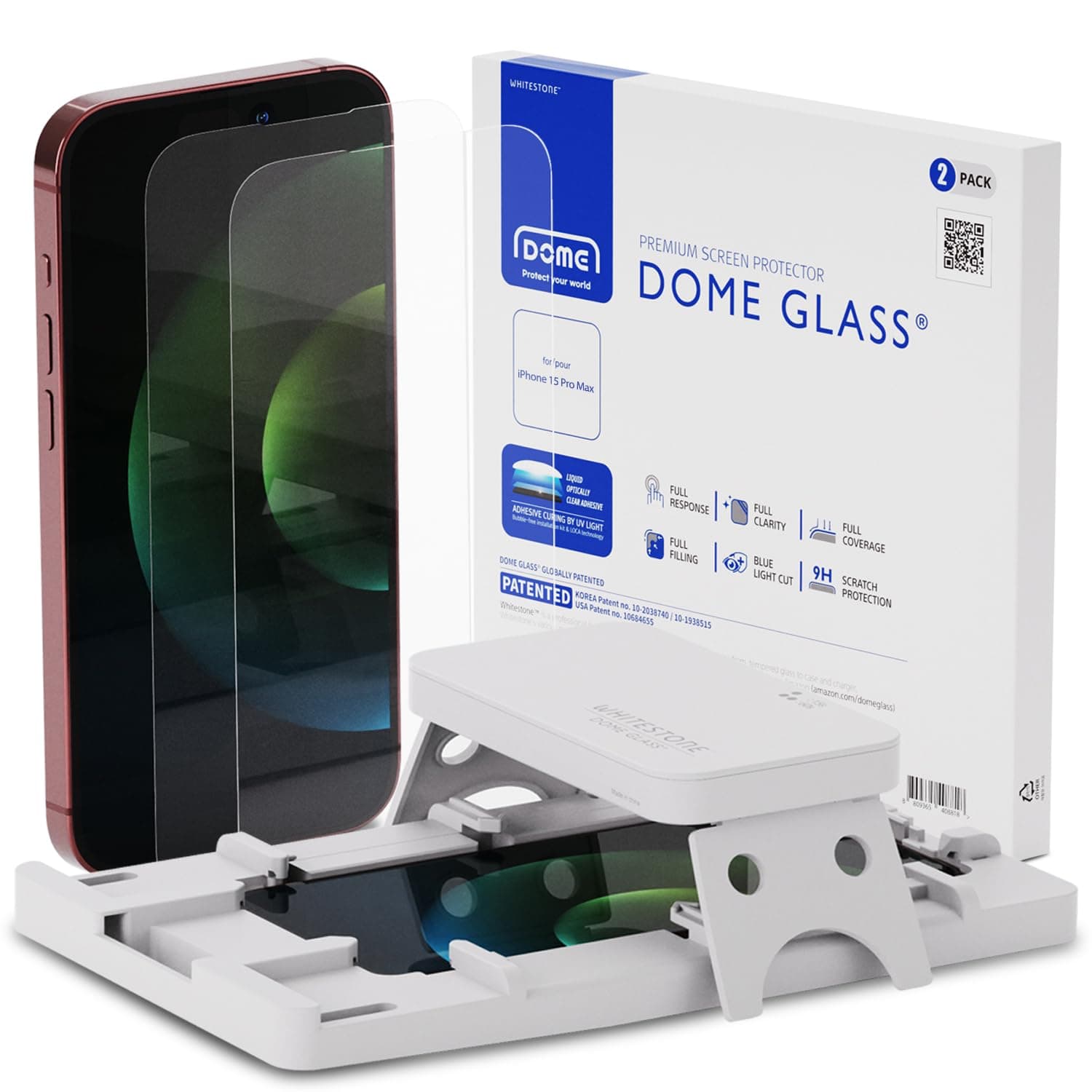 DOME GLASS Whitestone Screen Protector for iPhone 15 Pro Max, Full Tempered Glass Shield with Liquid Dispersion Tech [Easy to Install Kit] Smart Phone Screen Guard - 2pack
